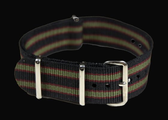 The Original 1964 007 Colours! 18mm Black, Red and Olive Green NATO Military Watch Strap in Ballistic Nylon